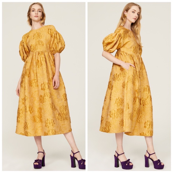 RHODE Ruth Dress Gold Brocade Jacquard Midi Puff Sleeve Yellow - MEDIUM - Picture 1 of 12